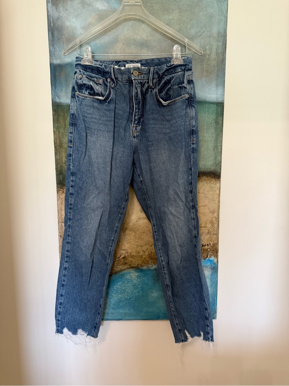 Good American Distressed High-Waist Ankle Jeans in Blue